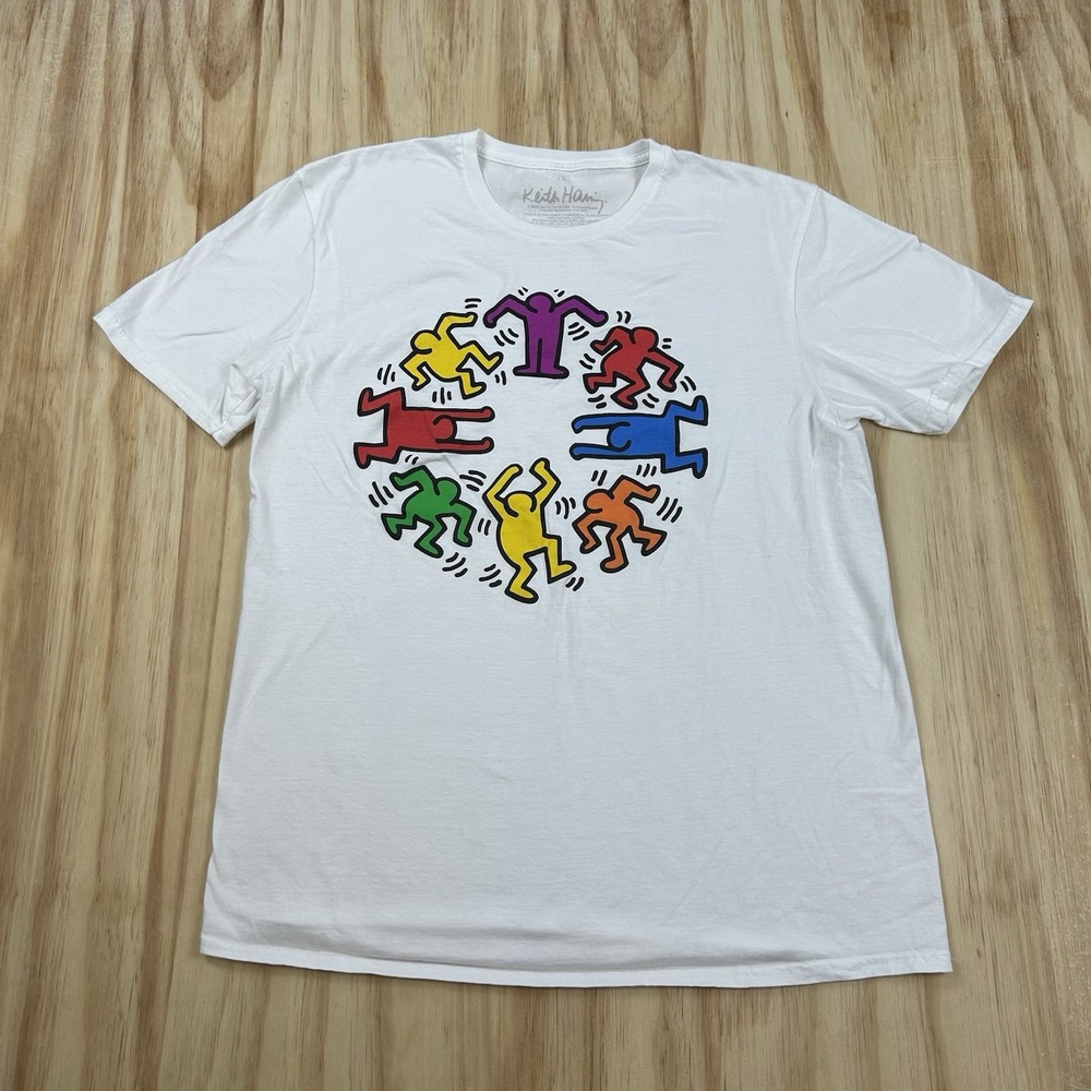 Keith Haring T Shirt White Short Sleeve Large Circle Art Graphic Tee Pop Art